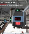 Pro Grade Self Leveling Laser Level Kit With 3x360 Degree Green Beams, featuring laser and remote control in use on site.