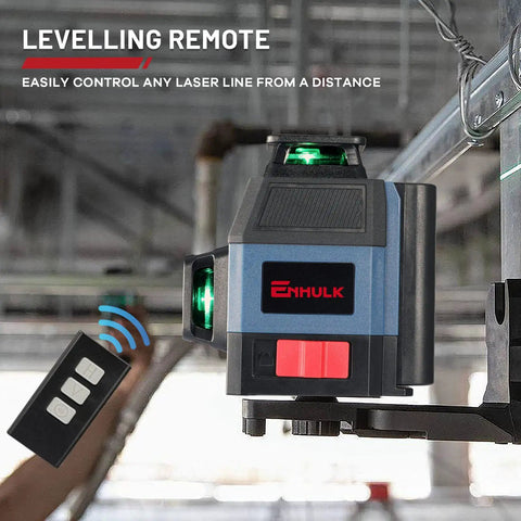 Pro Grade Self Leveling Laser Level Kit With 3x360 Degree Green Beams, featuring laser and remote control in use on site.