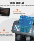 Dual display of Multi Currency Money Counter with Counterfeit Detection and Sorter, Printer Enabled, showing external LCD.