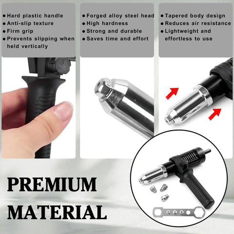 DIY Friendly Pro Grade Rivet Gun Adapter Kit With Drill Attachment, aluminum alloy construction, ergonomic grip close-up