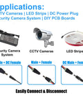 Rock Solid 12V DC Power Splitter With Two Male And Two Female Barrel Connectors For LED Strip Lights And CCTV Cameras shown in applications.