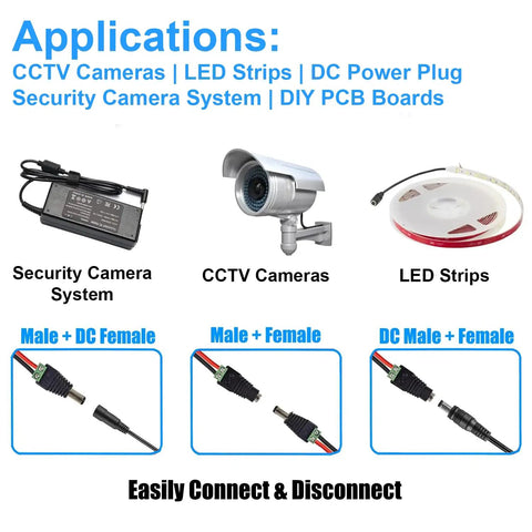 Rock Solid 12V DC Power Splitter With Two Male And Two Female Barrel Connectors For LED Strip Lights And CCTV Cameras shown in applications.