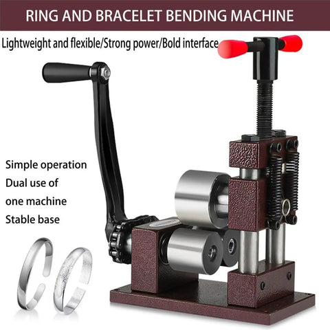 Kickass Ring And Bracelet Press Bender Machine With Adjustable Rolling Mill And Flat Bending Tool Spoon Forming Jig Metal Shaping Set For Crafty Jewelers No Fuss Setup Slick Results - close-up of machine with two silver rings.