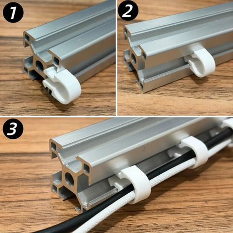 Premium Aluminum T Slot Cable Management Clips For 3030 Aluminum Profiles securely holding wires in aluminum frame.