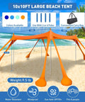 Beach Tent Sun Shelter 10x10ft Easy Pop Up Canopy With UPF50 Plus Protection set up on a sandy beach with blue sky background