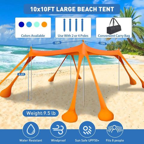 Beach Tent Sun Shelter 10x10ft Easy Pop Up Canopy With UPF50 Plus Protection set up on a sandy beach with blue sky background