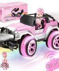 Pink Remote Control Car For Girls 1:16 Scale With Doll And Sticker Pack, 2.4Ghz RC, Rechargeable, pink doll driving in front