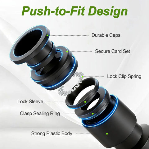 Exploded view of Thirty Piece Quick Connect Drip Irrigation Tee Fittings Kit showing components and push-to-fit design