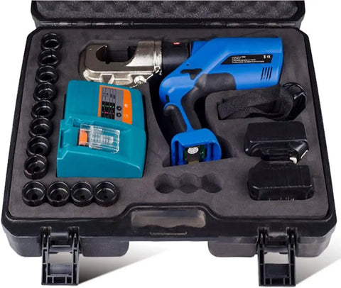 Uwytgf Rechargeable Electric Hydraulic Crimping Pliers With 360 Degree Rotating Head For Professional Pipe Press And Wire Jaw Tools inside hard case with accessories.