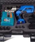 Heavy Duty Rechargeable Electric Hydraulic Wire Crimper With 360 Degree Swivel Head and accessories in sturdy carrying case.