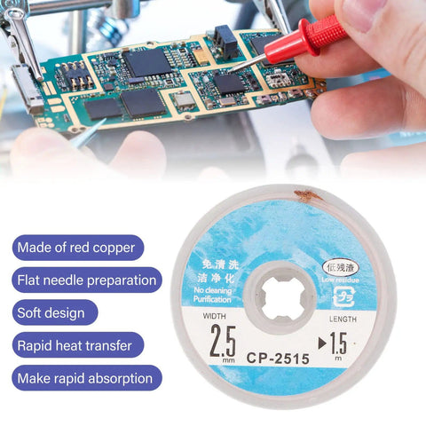 Desoldering Wick Braid With Flux for PCBs, Red Copper Material, 1.5 Meter Length shown with circuit board
