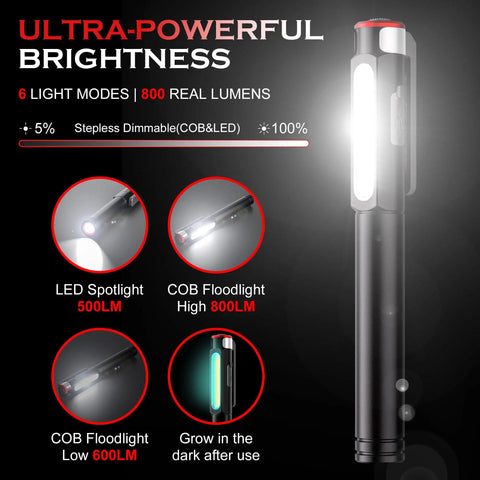 Rechargeable Pen Light With 800 Lumens LED, 6 Modes, COB Floodlight Magnetic Clip, Pocket Sized Work Light Waterproof and Durable