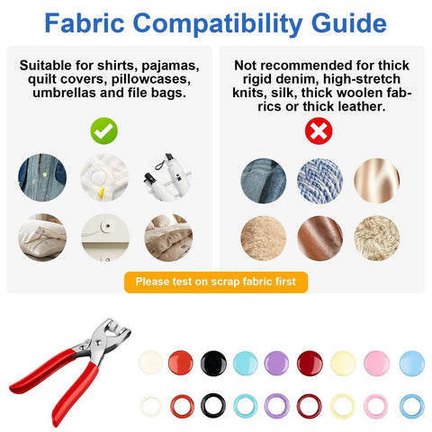 Fabric compatibility guide with suitable fabrics for 9.5mm Metal Snap Button Kit Set for Sewing and DIY Fashion Projects Pro Grade Snaps