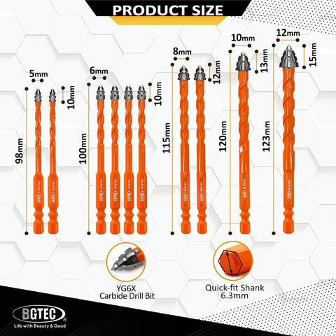 Crisscross Serrated Carbide Masonry Drill Bit Set For Concrete And Brick, 10 Piece With One Quarter Inch Shank sizes 3/16 to 1/2 inch