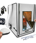 All In One 3D Printer Enclosure With 3 Layer Filtered Ventilation Fan Odor Busting Fireproof Noise Reduction For Ender 3 V3 SE KE Ender 3 Pro V2 Neo CR 10 SE Silver showing accessories like fan, filter, and USB LED.