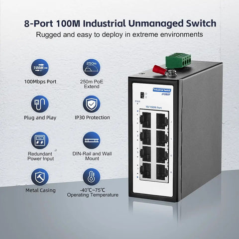8 Port Industrial Switch Unmanaged 10 100Mbps Fast Ethernet with DIN rail and wall mount, IP30 rated for tough environments