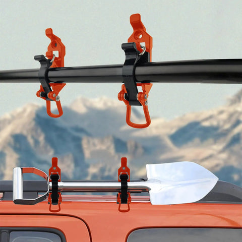 Overlanding Shovel Rack Mount Kit for Roof Racks and Trucks, heavy duty rubber clamp holding shovel on vehicle