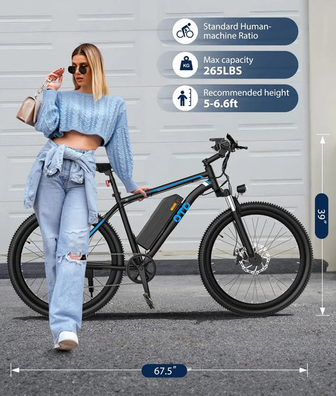 All Terrain Electric Mountain Bike For Adults 1200W Peak Power Beast 28 MPH Top Speed 26 By 2.1 Inch Tires 90 Mile Pedal Assist Range Removable 48V 624Wh Battery 7 Speed E Bike With Phone Holder next to person
