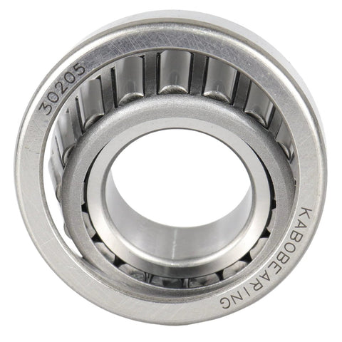 Front view of a silver trailer wheel hub bearing (30205) with visible rollers and inner/outer races.