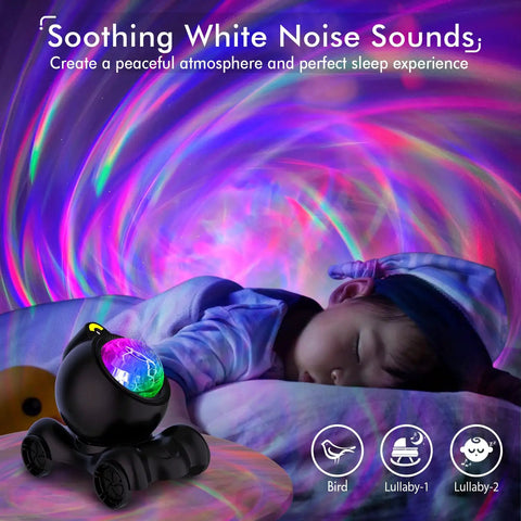 Child sleeping under starry sky projection from Dope Galaxy Projector With Remote Control And Bluetooth Speaker Night Light