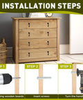Installation steps for Vintage Cabinet Pulls 2 Pack Antique Bronze Pendant Handles on a wooden dresser, showing drilling, inserting screws, turning handle.