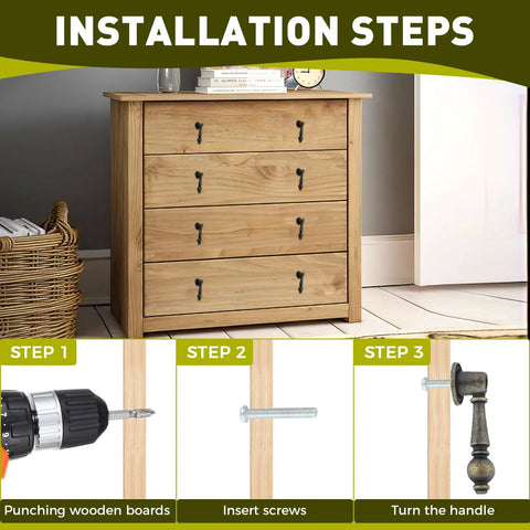 Installation steps for Vintage Cabinet Pulls 2 Pack Antique Bronze Pendant Handles on a wooden dresser, showing drilling, inserting screws, turning handle.