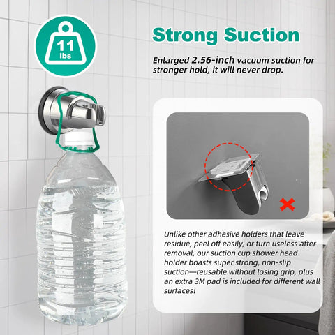 Vacuum Suction Cup Shower Head Holder With Removable Wand Bracket holding 11 lb water bottle on tile wall