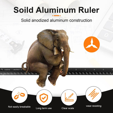 Professional Anodized Aluminum Architectural Scale Ruler With Rock Solid Precision Imperial Measurements 12 Inch on a table with elephant figurine.