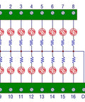 Diagram of Sixteen Channel Green LED Indicator Light Module For DIN Rail Mount with numbered connections and resistors.