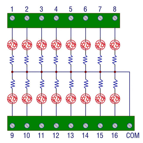 Diagram of Sixteen Channel Green LED Indicator Light Module For DIN Rail Mount with numbered connections and resistors.