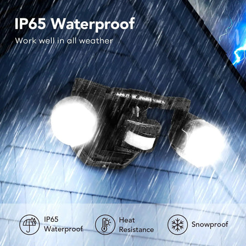 Tough As Nails Adjustable Dual Head Hardwired LED Flood Light With Smart Motion Sensor For Rugged Outdoor Security Providing Straight Up 5000K Daylight Clarity And Smooth IP65 Waterproof Protection
