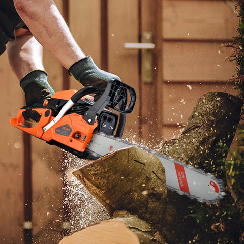 Beast 62cc Gas Powered Chainsaw With 20 Inch Bar For Tree Cutting And Firewood cutting through a log outdoors