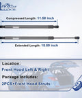 Front Hood Gas Springs Lift Supports 2 Pack For Ram 1500 2500 3500 4500 5500 2011 2012 2013 2014 2015 2016 2017 Front Hood Shocks Replacement PM3420 SG314074 OEM Compatible Direct Fit with size details shown