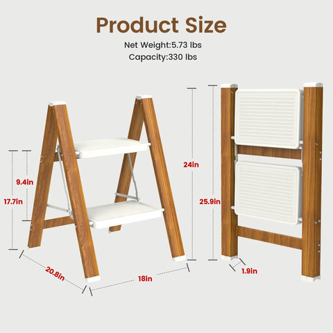 Lightweight Aluminum 2 Step Folding Ladder With Wide Pedals And Anti Slip Grip For Safer Heights Opens To 18 x 20.8 x 24 Inches Folds Down To 25.9 x 18 x 1.9 Inches And Weighs Just 5.73 Pounds For Easy Indoor Or Outdoor Use. Product size diagram with open and folded dimensions