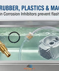 Top Notch Ultrasonic Cleaner Fluid For Carburetors And Engine Parts in stainless steel tank with metal parts submerged.