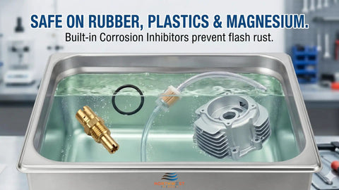 Top Notch Ultrasonic Cleaner Fluid For Carburetors And Engine Parts in stainless steel tank with metal parts submerged.