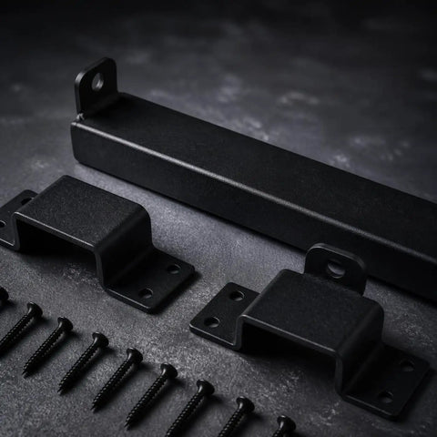 Heavy Duty Sliding Bar Gate Latch With Padlock Hole In Matte Black Metal For Outdoor Garden Sheds And Fences Built Tough With Straight Up Secure Locking Action That Is The Real Deal, showing mounting hardware and screws.