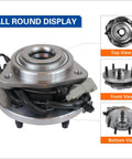 All round display of the Front Wheel Bearing And Hub Assembly For 2005 To 2010 Jeep Grand Cherokee And 2006 To 2010 Commander 5 Lug ABS 4WD Or RWD Replacement Wheel Hub Kit Direct Fit And Durable For A Smooth Ride Easy Installation And Long Lasting Performance For Your Daily Ride showing top, front, and bottom views.
