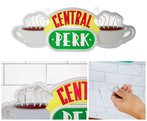 Central Perk Neon Light Wall Sign 16 Inch Replica, green LED, coffee decor, close-up of mounting feature on white wall