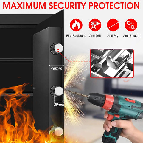 1.3 Cu Ft Fireproof And Waterproof Safe Box With Digital Security And Combination Lock Alarm System Removable Shelf Anti Theft Design Ideal For Money Jewelry And Important Documents Compact Home Safe with drill resistance demonstration