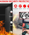 Close-up of Large 3.4 Cu Ft Home Safe With Fire And Water Proof, showing fire resistance, anti-drill, and lock details.