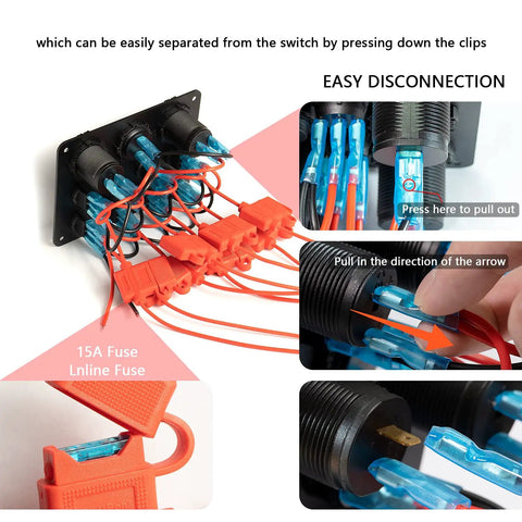 Beefy 8 Gang Rocker Switch Panel with 12V Waterproof Toggle Switches showing detailed wire connections and fuse installation.