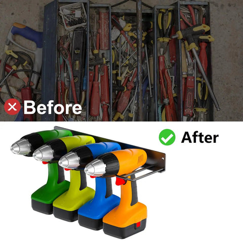 Heavy Duty Carbon Steel Power Tool Organizer 2-Piece Wall Mounted Racks With 8 Slots For Drills And Hand Tools, Before and After