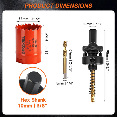 38mm One And A Half Inch Beefy Bi Metal Hole Saw With Eight Percent Cobalt HSS M42 Teeth dimensions and components