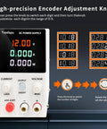 Adjustable DC Power Supply Benchtop with digital display, showing 12.00V output, programmable for lab electronics and DIY projects.