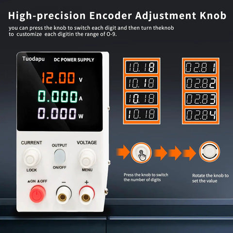 Adjustable DC Power Supply Benchtop with digital display, showing 12.00V output, programmable for lab electronics and DIY projects.