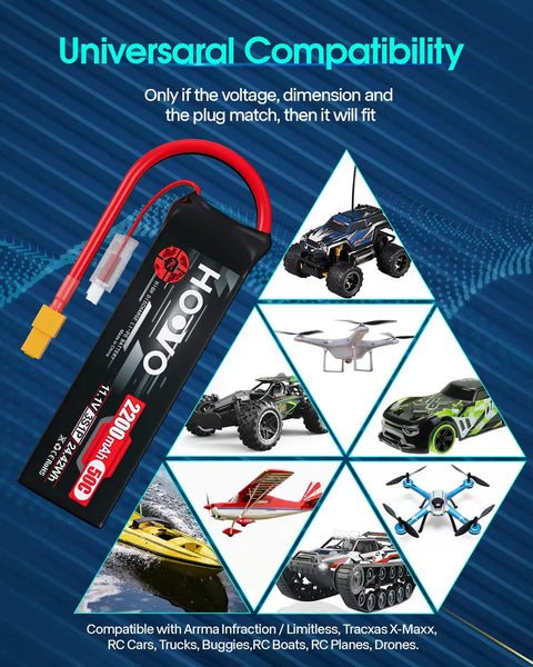 Beefy 3S 11.1V 2200mAh 50C LiPo Battery With XT60 Connector, showing universal compatibility with RC models.
