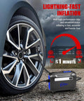 Hella Compact Tire Inflator And Portable Air Compressor Offering Straight Up Lightning Fast 40 Liters Per Minute Fill Rate With An Easy To Read Dual Digital Screen For Cars Bikes Scooters And Sports Equipment Dead Simple Operation next to a car tire during inflation.