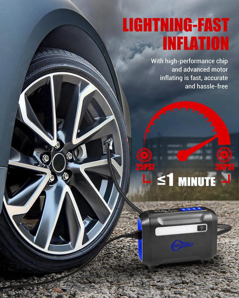 Hella Compact Tire Inflator And Portable Air Compressor Offering Straight Up Lightning Fast 40 Liters Per Minute Fill Rate With An Easy To Read Dual Digital Screen For Cars Bikes Scooters And Sports Equipment Dead Simple Operation next to a car tire during inflation.