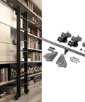 Sliding Library Ladder Kit With Retractable Round Tube Track for barn doors and attic storage, shown on bookshelves and hardware details.